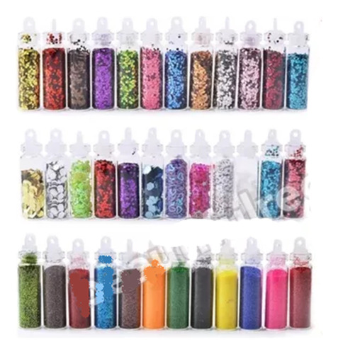 Set X 24 Glitter Formas Gibre Surtidos Uñas Decoraciones