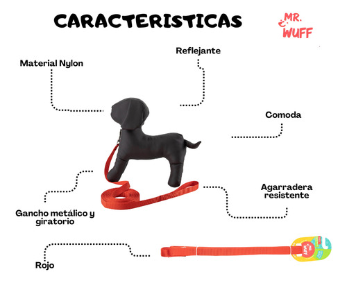 Correa Para Perro Larga 6m Resistente Mr Wuff Color Rojo