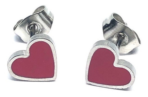 2 Arete Broquel Acero Inoxidable Plateado Corazón Esmaltado