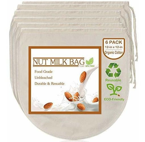 6 Pack 12 X12  Nut Milk Bags - 100% Unbleached Organic Cotto