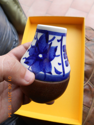 Mate Combinado Ceramica Y Madera Con Decoracion Floral