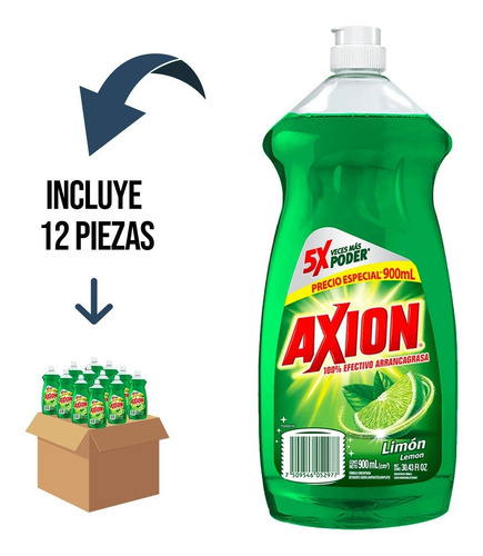 12 Pz Axion Lavatrastes Limón Líquido En Botella 900 ml