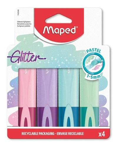 Resaltador Marcador Maped Glitter Pastel Pack X4 Colores Edu