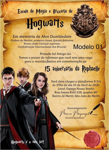 Convite Harry Potter 15 Anos Pergaminho 50 Unidades + Ind