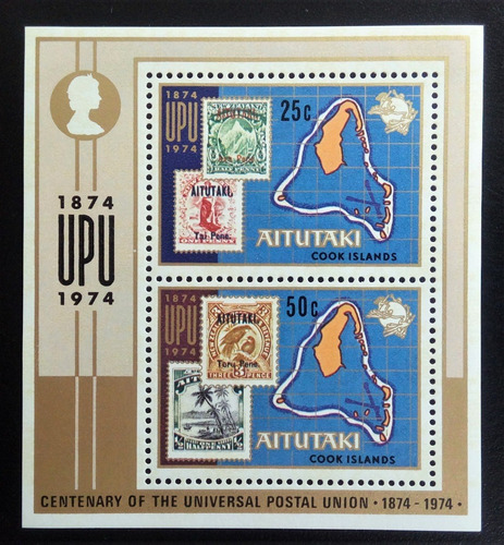 Aitutaki Mapas, Bloque Sc 103a Centenar Upu 1974 Mint L16486