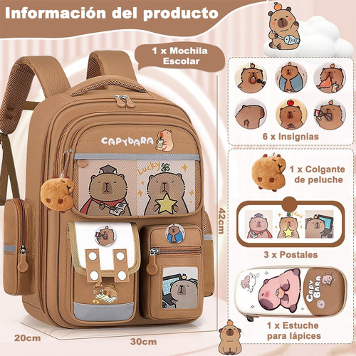 Mochila Para Niños Capybara - Mochila De Dibujos Mochila Kawaii Con 1 Colgante De Felpa, 3 Tarjetas, 6 Insignias Y 1 Estuche Lápiz Sin Alivio Suministros Escolares De Capibara Sin Desliz