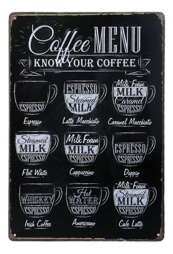 Menú De Café Conoce Tu Café Lata Cartel Pared Retro Metal B