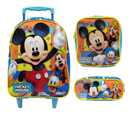 Mochila Infantil De Rodinha Mickey M Kit Lancheira Estojo