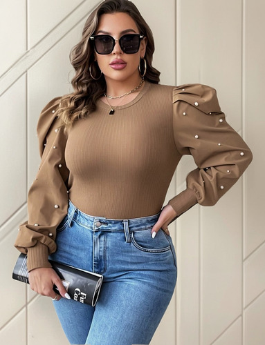 Remera Blusa Con Mangas Con Perlas Plus Size