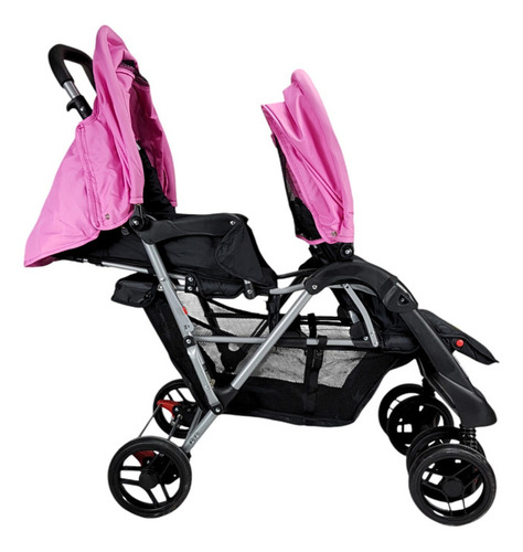 Carriola Gemelar Para Bebe Ruedas Con Freno Plegable Reclina Color Rosa Chasis Gris