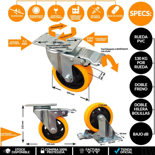 Imagen 2 de 10 de Kit 4 Ruedas Giratorias Pvc 100x32 Mm 4 C Freno Acero Mueble