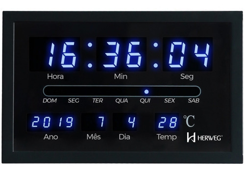 Relógio De Parede Herweg Digital Temperatura Calendário 6490 Cor da estrutura Preto Cor do fundo Preto