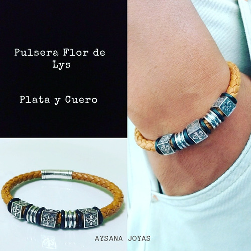 Pulsera Flor De Lys Plata Y Cuero - Hombre