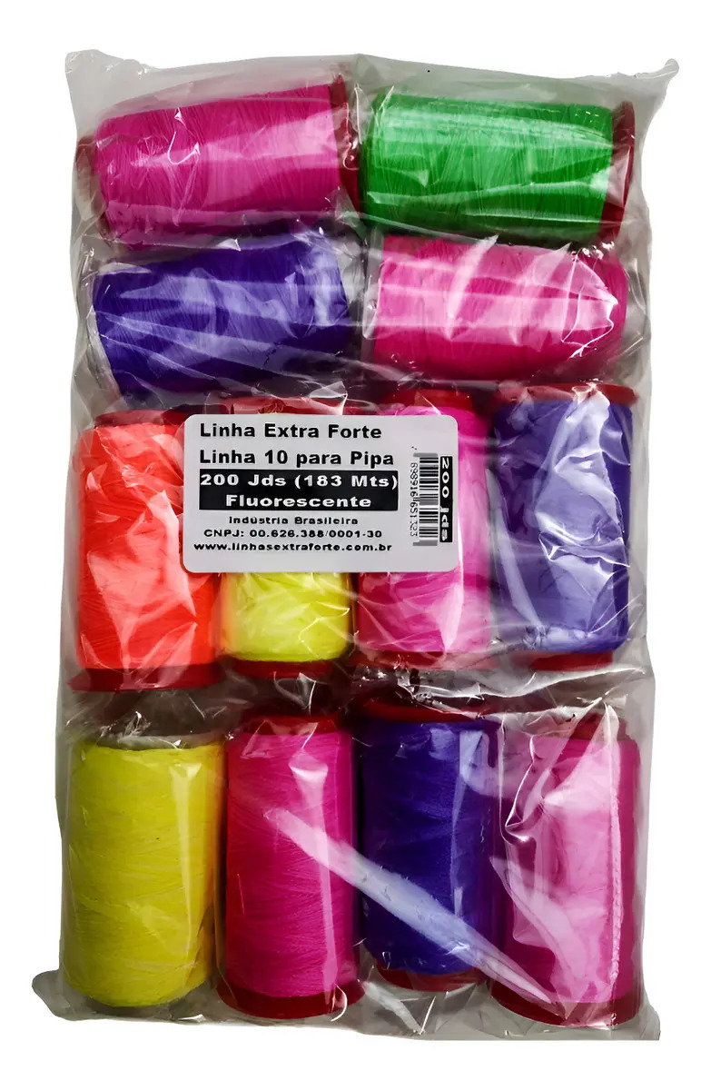 Linha Pipa Extra Forte 200 Jardas Fluorescente 183m Cores Variadas C/ 12 Unidades
