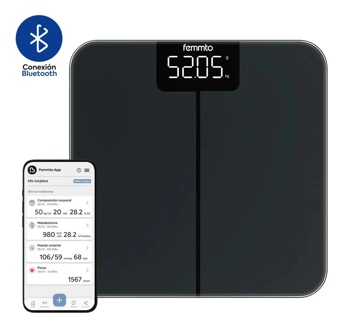 Balanza Digital Con Bluetooth Personal De Baño Peso Corporal 180 Kg Diseño Minimalista Femmto