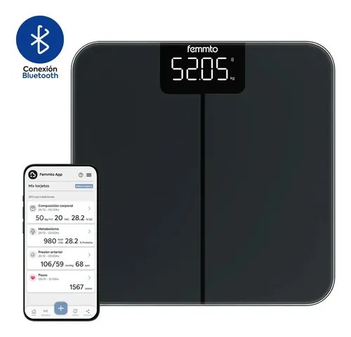 Balanza Digital Con Bluetooth Personal De Baño Peso Corporal 180 Kg Diseño Minimalista Femmto Negro