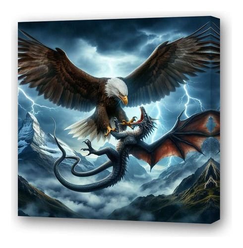 Cuadro 20x20cm Aguila Dragon Pelea En Montañas Arte M1