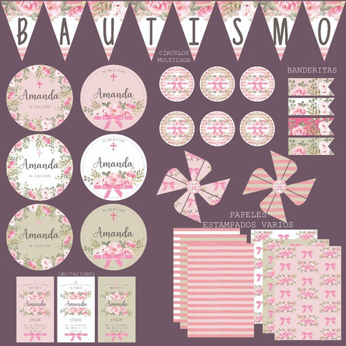 Kit Imprimible Bautismo,flores,babyshower,rosa,cumpleaños