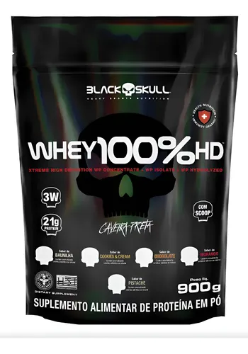 Whey 100% Hd Refil Black Skull 900g Wpc Wpi E Wph Sabor Baunilha