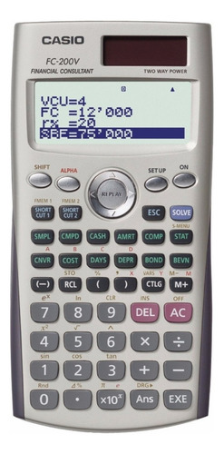 Calculadora financeira Casio FC-200v com display dourado de 4 linhas
