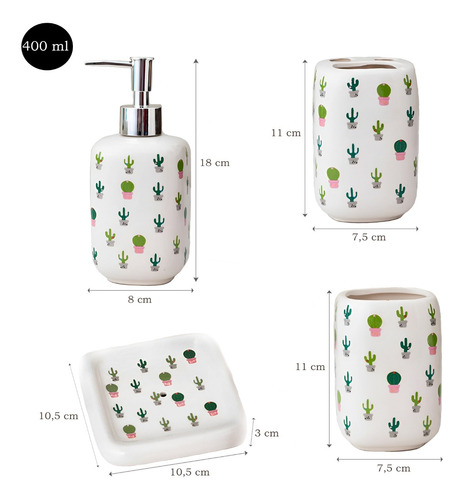 Imagen 2 de 6 de Set Baño 4ps Dispenser Jabonera Ceramica Cactus D+m Bazar