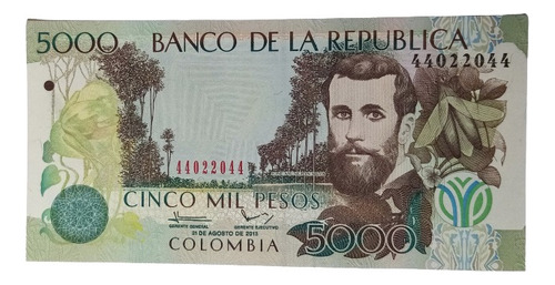 Billete 5000 Pesos Serial Radar 44022044 31/ago/2013 Unc