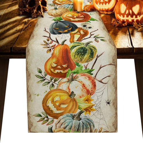 Caminos De Mesa De Lino Halloween Horror Pumpkin Leaves Spri