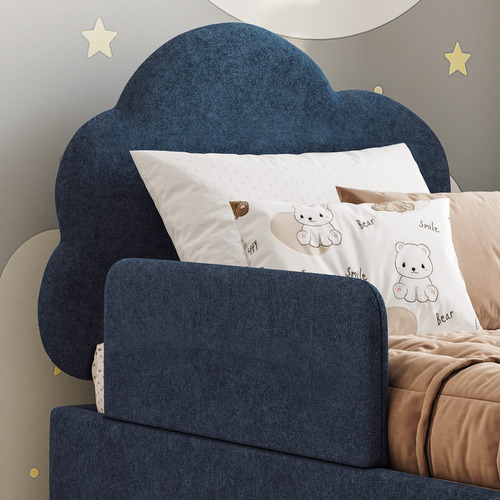 Cama Infantil Montessoriana Menino E Menina Com Proteção Lateral E Cabeceira Moderna Estofada E Robusta Para Quarto Com Colchão Incluso Cor Azul Bonan