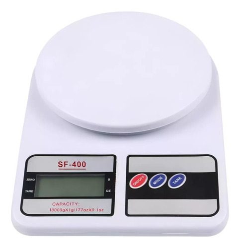 Báscula digital de cocina Sf-400 blanca con un peso de hasta 10 kg y una capacidad máxima de 10 kg.