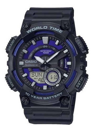 Reloj Casio Aeq-110w-2a2v Caballero Original E-watch Color De La Correa Negro Color Del Bisel Negro Color Del Fondo Azul
