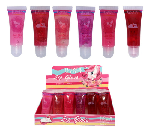 Brillo Labial Con Glitter Lip Gloss Flower Secret Pack 24 Un Color Rojo Unicornio