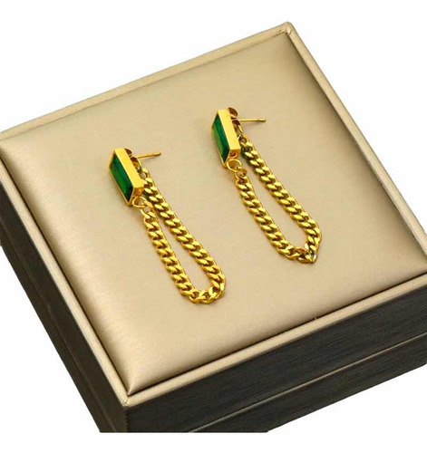 Aros Cadena Bañado En Oro Cristal Verde Esmeralda