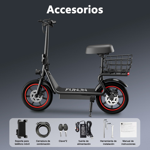 Funjn e11 Scooter Eléctrico Plegable Con Asiento 32km/h-velocidad 45km-autonomía Max Batería 13ah Motor Color Negro Con Rojo Funjn Patin Electrico