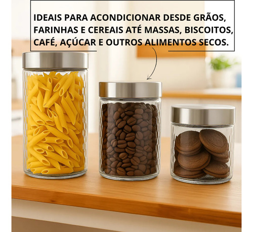 Kit 3 Potes De Vidro Com Tampa Inox Alimentos Mantimentos