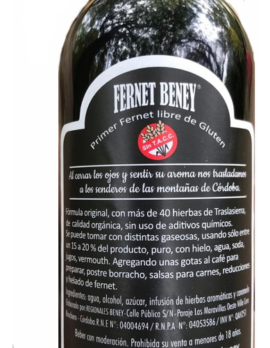 Fernet Beney Botella 750cc Artesanal Orgánico S/tacc X12