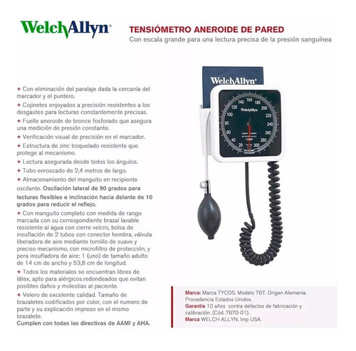 Tensiometro Aneroide Welch Allyn De Pared Serie 767