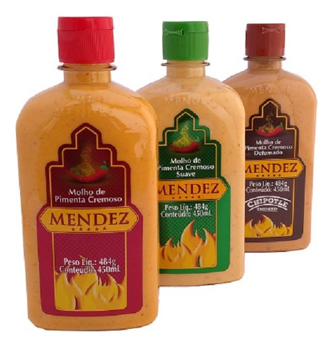 Kit 3 Molhos De Pimenta Cremosa Mendez 450ml 3 Sabores