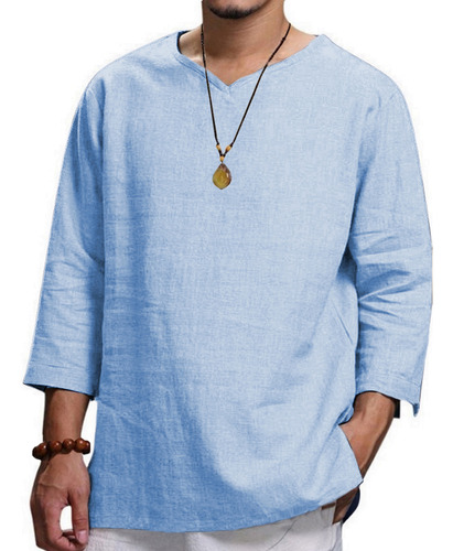 Camisa De Algodón Liso Para Hombre, Camisa Con Cuello En V