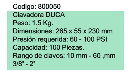 Clavadora Neumática Duca Clavos 10 Mm 60 Mm Capacidad 100 Pc