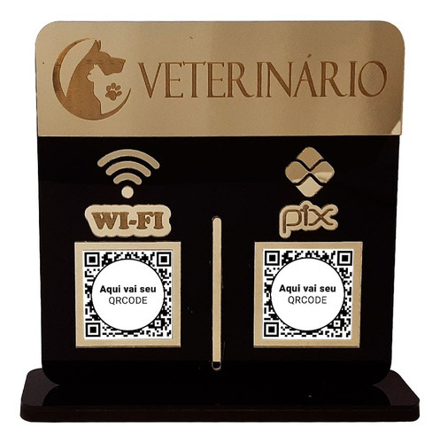 Placa Display 2 Qrcode Pix E Wi-fi Acrílico Dourado E Preto Cor Veterinário