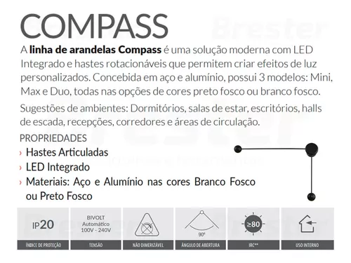 Arandela LED Compass Duo 10w 2700K Branco Quente Bivolt Preto