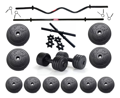 Kit Barra + Mancuernas + 30 Kg. De Disco Pesas