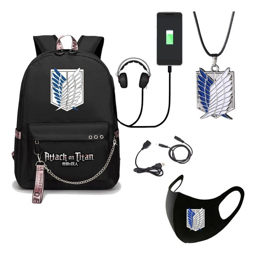 Mochila Multifunción Attack On Titan Usb Con Máscara Collar