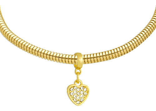 Pulseira Berloque Coração Strass Banhada A Ouro 18k Premium Diâmetro 19 Cm