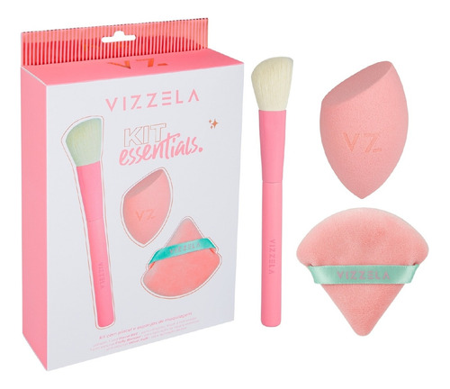 2 Esponja Maquiagem + Pincel Chanfrado Vizzela Kit Essential