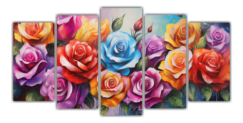 100x50cm Cuadro Original De Rosas En Colores Del Arcoíris