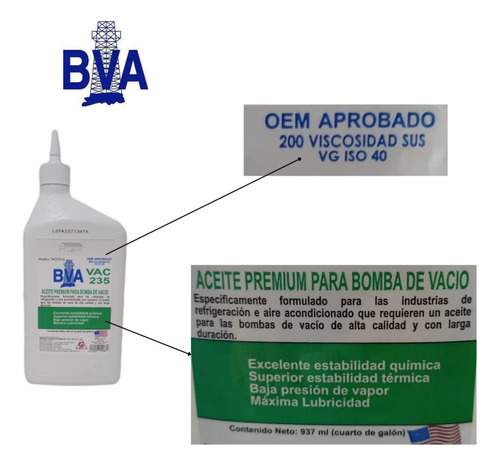 Aceite Para Bomba De Vacío 1/4 De Galón (937ml) Marca Bva