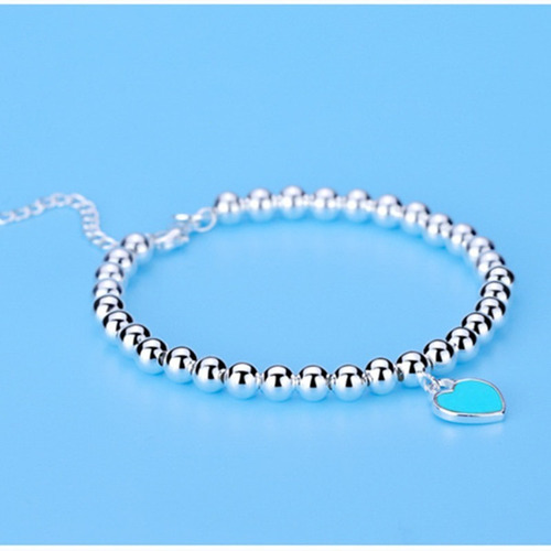 Imagen 4 de 7 de Pulsera Mujer Plata Corazón Azul Esmaltado Bolitas Plata
