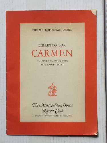 Programa Ópera Carmen 1956 The Metropolitan Opera Ny G Bizet