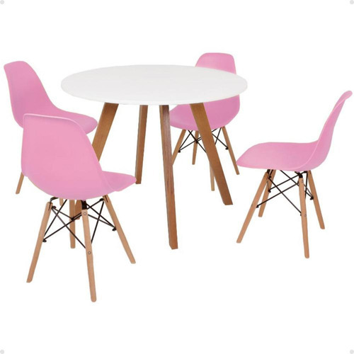 Mesa Inês 100cm Branca + 4 Cadeiras Eames Eiffel Cor Rosa